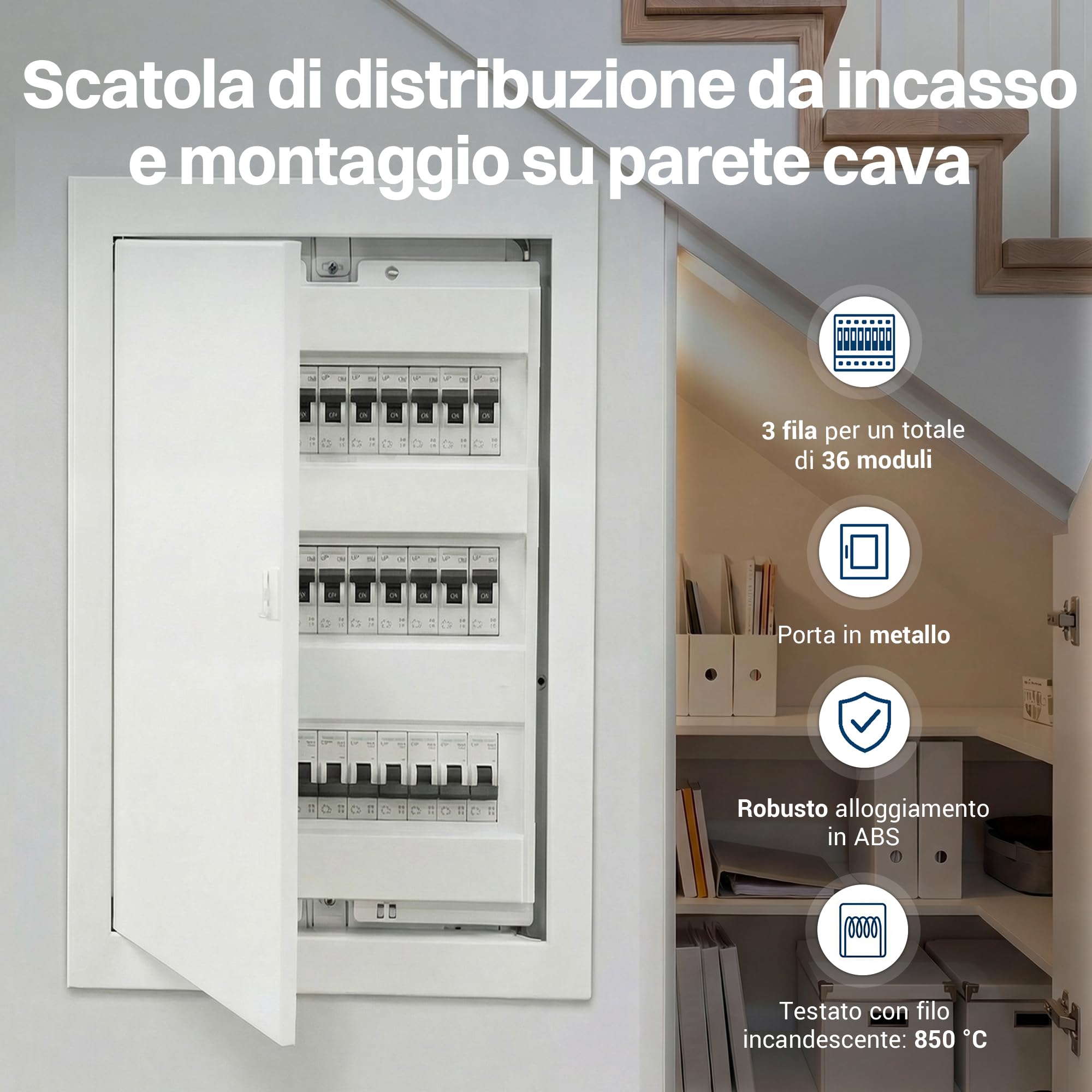 Intratec Quadro Elettrico da Incasso 3 File – Centralino di Distribuzione IP40 per 36 Moduli con Porta Metallica Bianca e Guida DIN per Impianti Elettrici Interni – 346 x 94 x 592mm