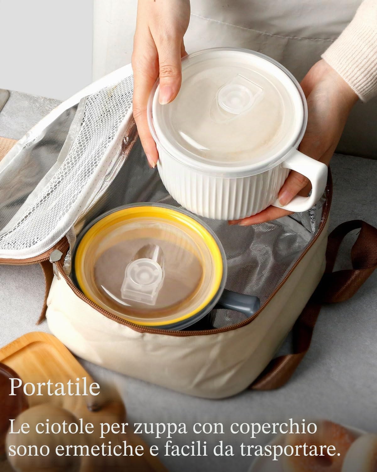NUTRIUPS 900ml tazza per microonde con coperchio, ciotola per noodles istantanei,ciotole per brodo zuppe con manico, tazza per cereali colazione, ciotola ceramica con coperchio