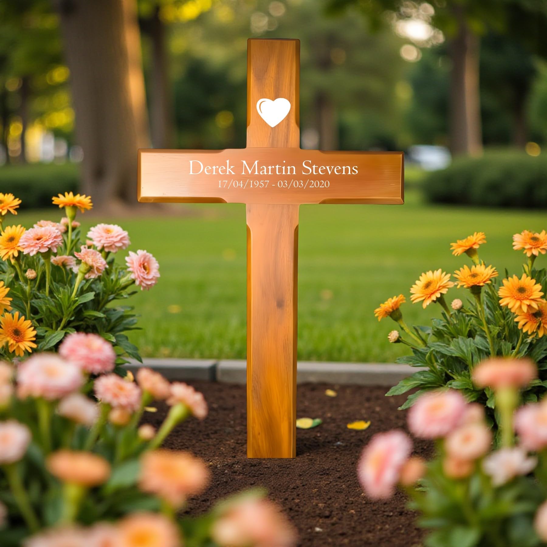 Memorials Direct Personalised Mahogany Memorial Cross, Heart – Durable Wooden Grave Marker For Outdoor Use