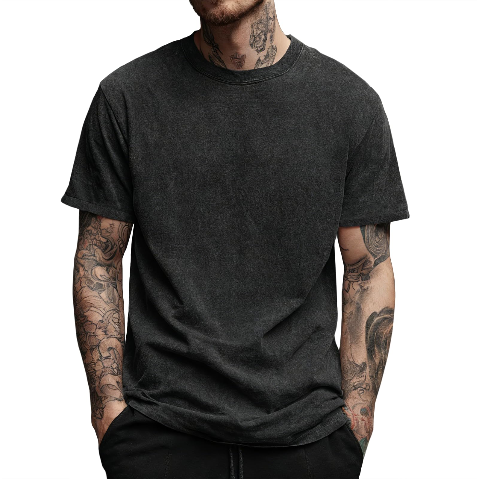 Mens Tshirt Solid Cotton Acid Washed Oversized Drop Shoulder Big and Tall Summer Gym Casual Breathable Apparel