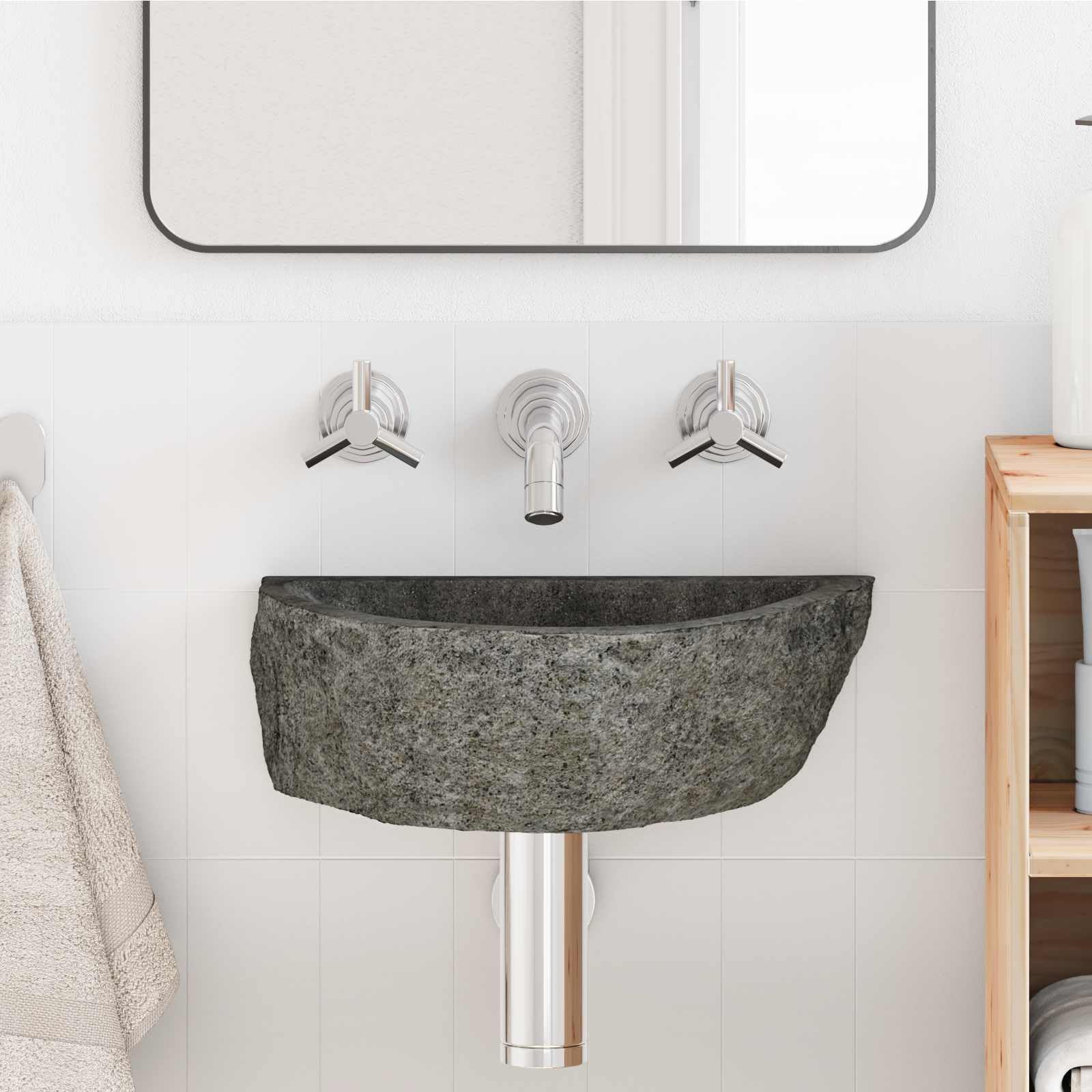 Lavabo de pared de piedra de río gris: solucione la falta de espacio en su aseo