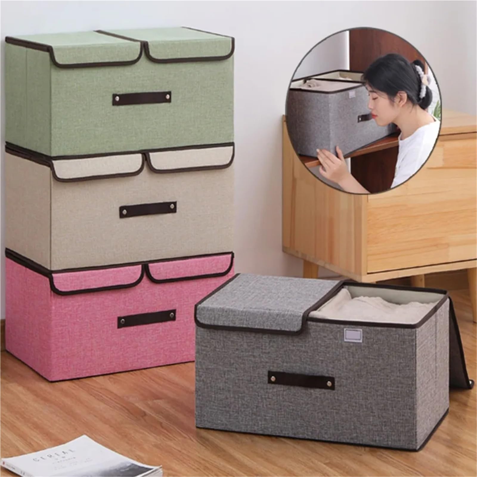 Organizador Calcetines Caja de almacenamiento plegable con tapa, suministros for el hogar a prueba de polvo, ropa interior, organizador(Beige L)