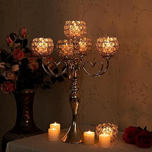 Miniatura 7 de VINCIGANT Paquete de 2 candelabros de cristal de 5 brazos para mesas, soporte de metal dorado de 21.5 pulgadas de alto para fiestas formales, bodas,