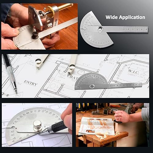 Miniatura 7 de Transportador angular de 0 a 180 grados, buscador de ángulo de acero inoxidable, regla transportadora de brazos dobles, herramientas de medición