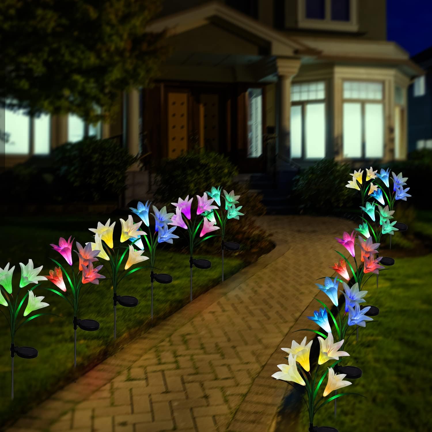 Blingstar Outdoor Solar Garden Lights, 4 Pack Multi-Color Changing Solar Flower Lights, Upgraded Waterproof Lily Stake Lights for Garden Patio Yard Pathway, Decoration for Christmas Party Wedding