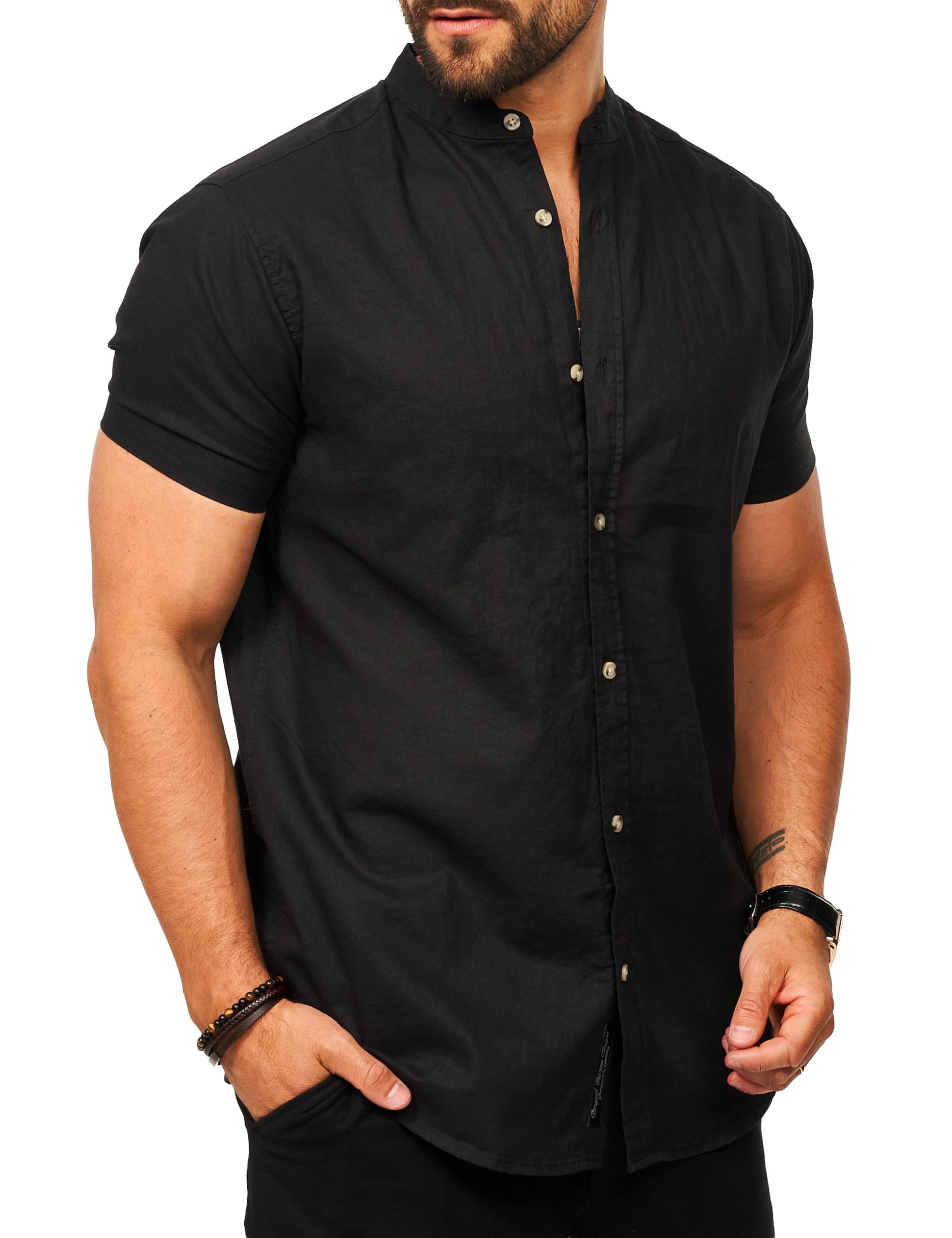 behype. Camicia da uomo a maniche corte in lino, per il tempo libero, vestibilità regolare, con colletto alto, estivo, per uomo
