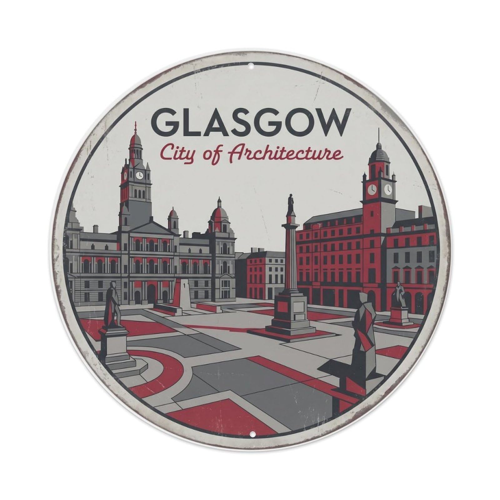 Vintage Travel Square Glasgow Scotland Metal Tin Sign Plaque Wall Decor for Cafe, Club Bar, Office, Home Garden Round Metal Poster 8x8Inch