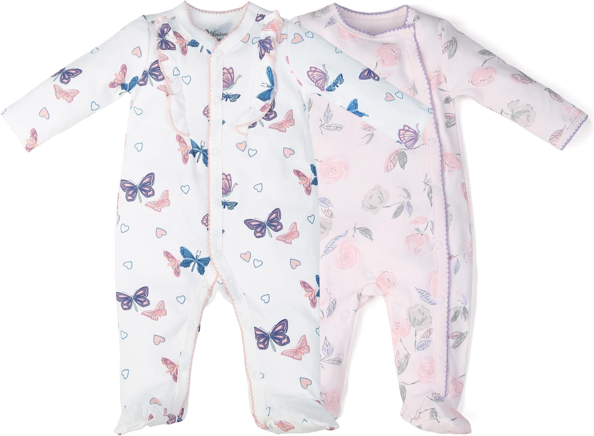 Minicoco100% Cotton Baby Girls Footies Set of 2, 0-12 Months Long Sleeve Sorf and Comfortable Toddler Girls' Footed