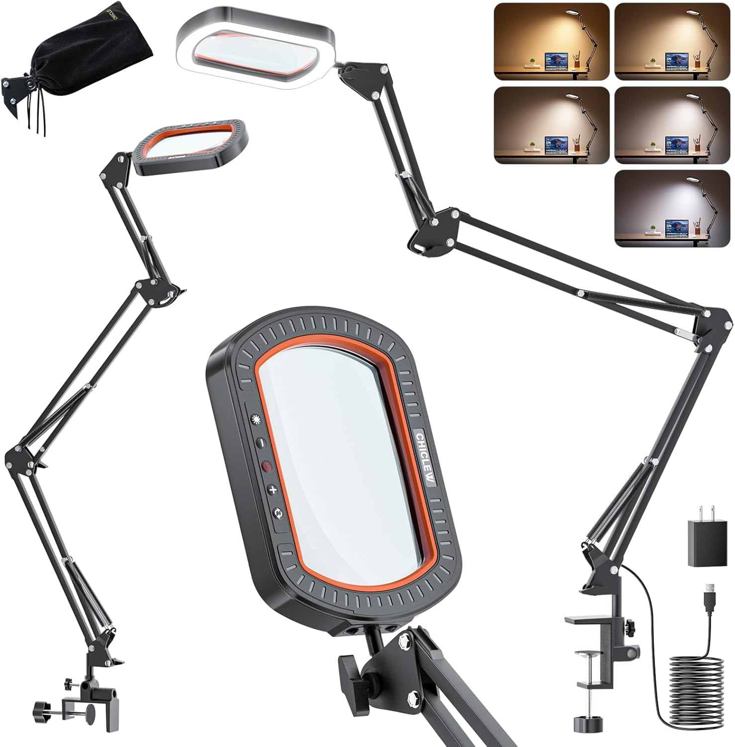 10X Square Magnifying Glass with Light, 3 Arms Table Lighted Magnifying Glasses Lamp with Clamp Hands Free for Reading Crafts Jewelry Repair Painting Close Work Hobbies, 5 Colors 10 Brightness
