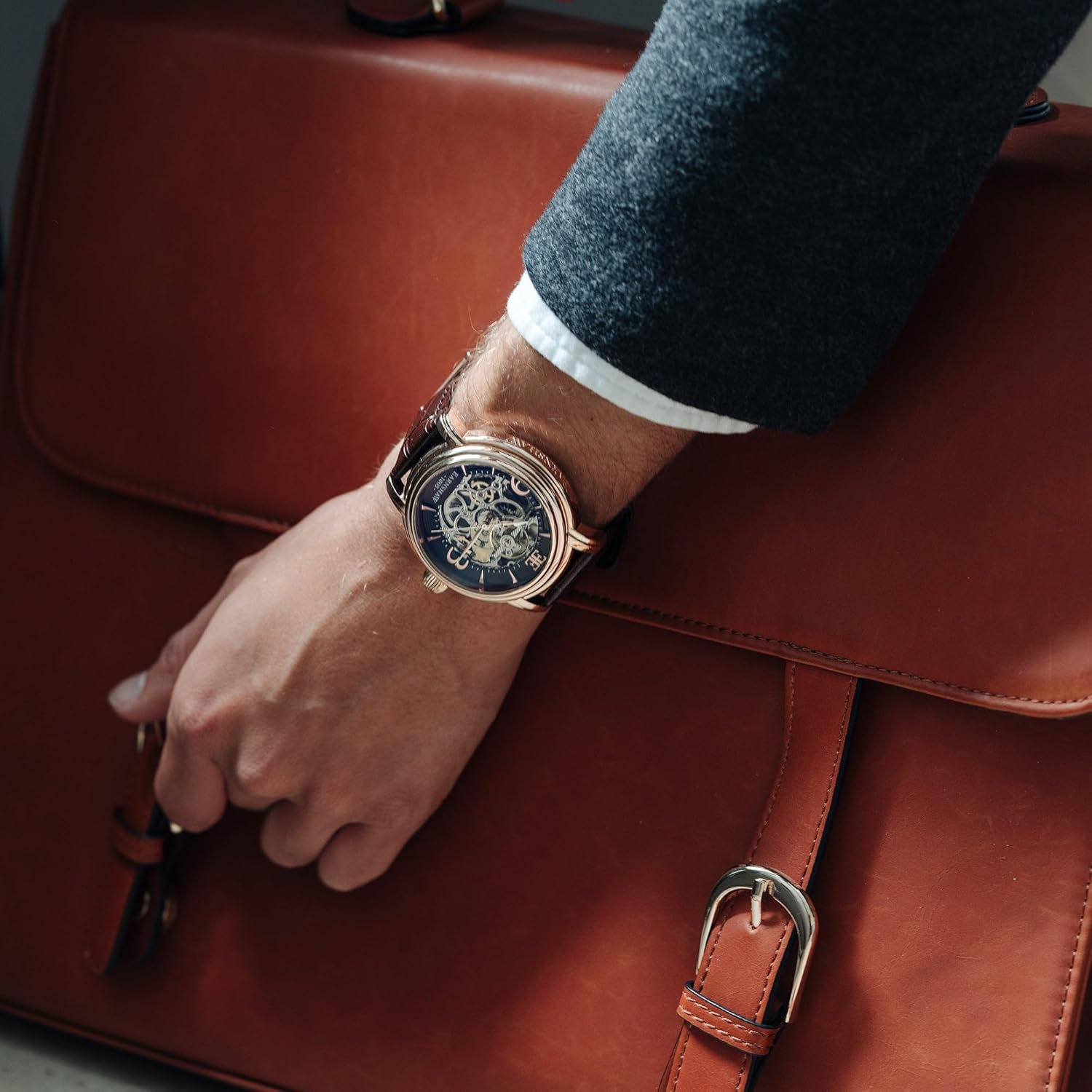 Thomas Earnshaw Longcase Grande Skeleton Men's Automatic Watch 48mm Open Heart Dial Genuine Leather Strap ES-8011 Brandy Rose Gold