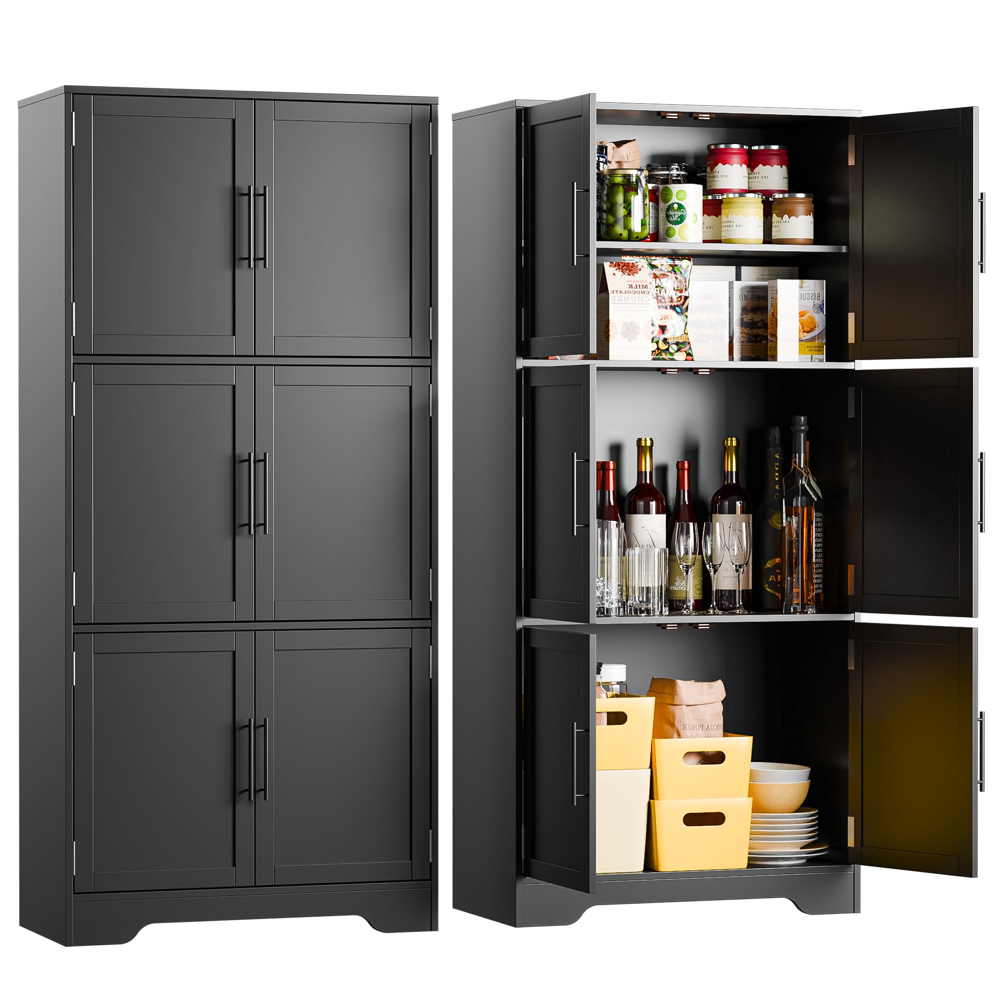 Cozy Castle Kitchen Pantry Cabinet, 68.5" Tall Wood Storage Cabinet with Doors and Shelves, 31.5" Wide 6 Doors Freestanding Cupboard Utility Hutch for Dining Room Living Room Bathroom Furniture, Black