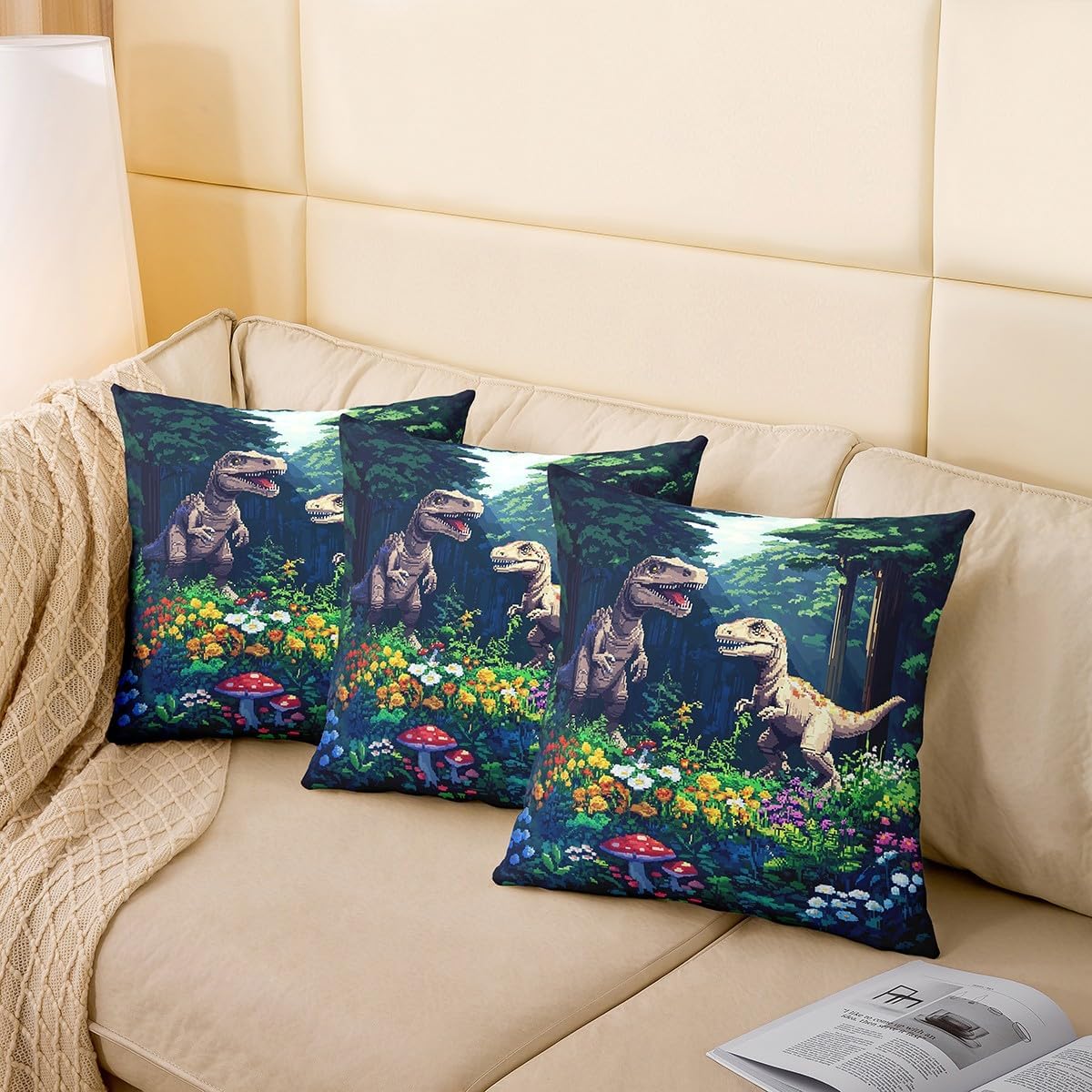 Dinosaur Double Sides Print Pillow Cover,Video Games Pillowcase Soft Square Cushion Case,Colorful Daisy Floral Mushroom Throw Pillow Covers for Living Room Decor,20"x 20" image 4