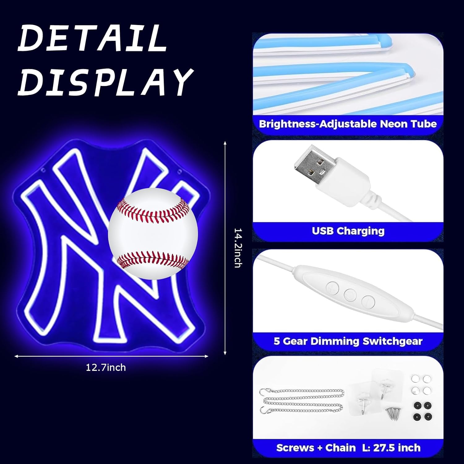 NY Baseball Team Neon Sign,Cool Light Up Dimmable Baseball Team Logo LED Hanging Neon Sign for Wall Decor Art,Bedroom,Party,Man Cave,Garage, Game Room Deco,Birthday Christmas Gift for Boys Fans - Image 3