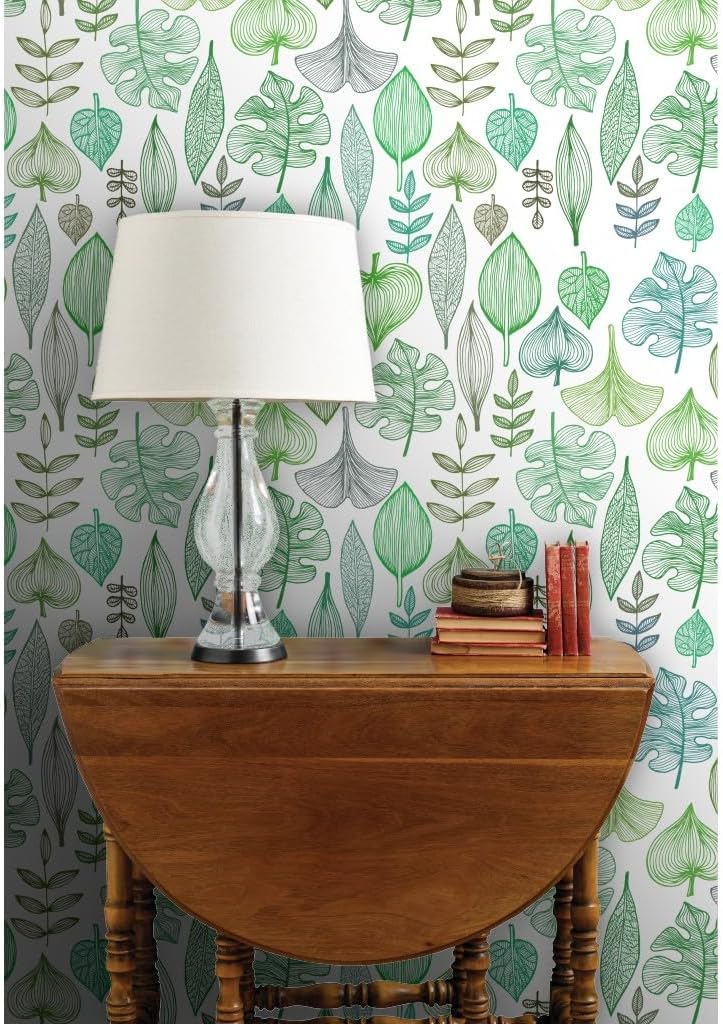 Spoonflower Commercial Grade Wallpaper 27ft x 2ft - Green Leaves Pattern Plants Nature Trees Tropical Greenery Tree Leaf Spring Summer Traditional Wallpaper