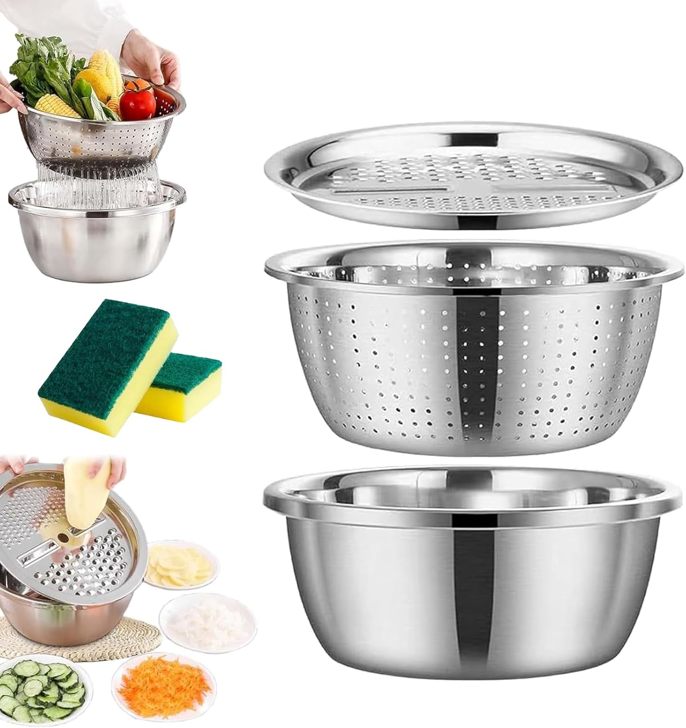 Germany Multifunctional Stainless Steel Basin, 5-in-1 Stainless Steel Basin, Multifunction Stainless Steel Basins with Grater, Strainer and Drain Basket (L (11"/28cm))