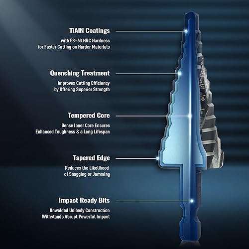 Miniatura 5 de ZELCAN Broca escalonada de 10 tamaños, broca escalonada de cuatro espirales para metal, HSS recubierta de titanio, broca escalonada de 14 a 1-38