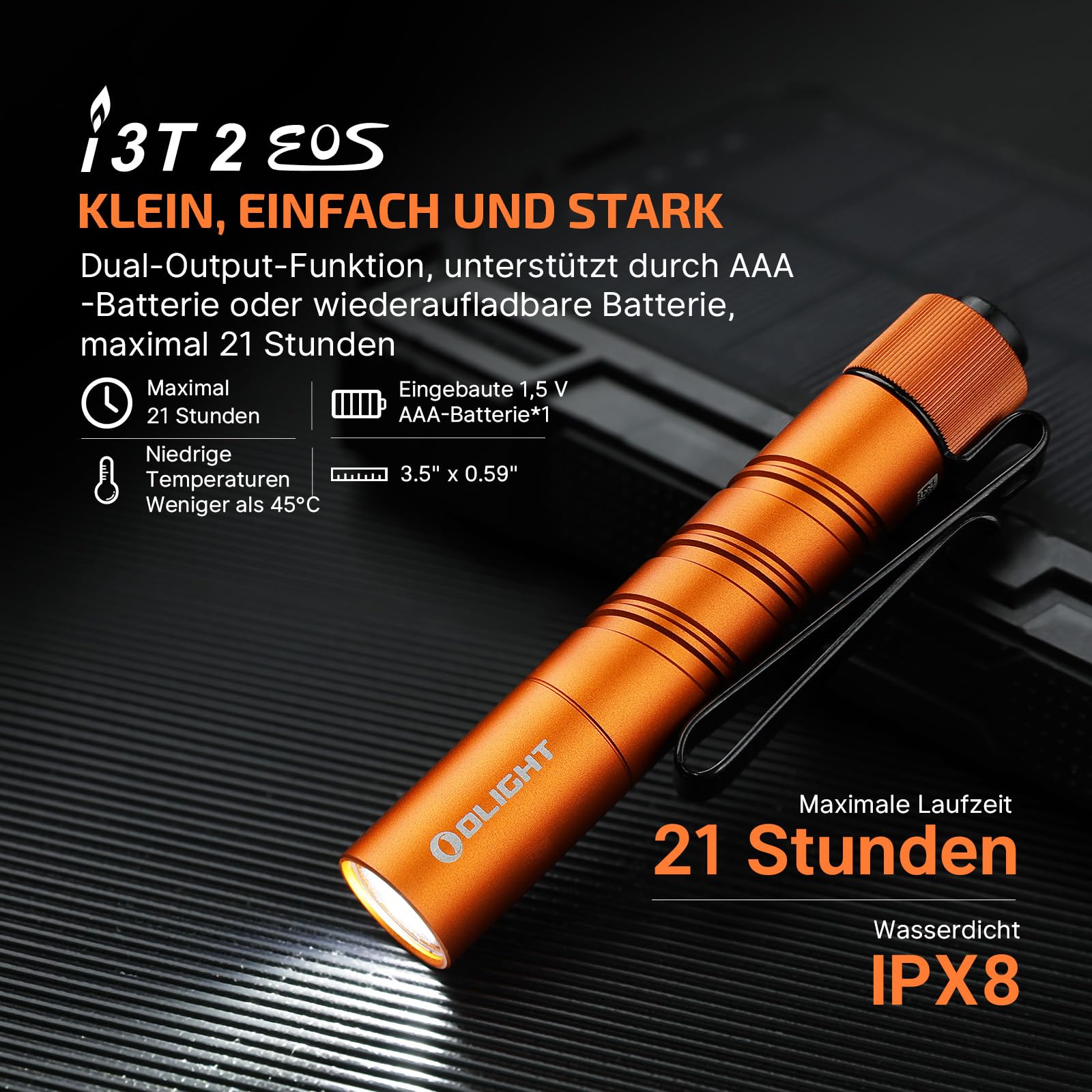 OLIGHT I3T 2 Mini Taschenlampe, 200 Lumen Kompakte Helle Licht mit beidseitigem Taschenclip, 2 Lichtmodi AAA-Batterie Lampe mit Endkappenschalter für Camping Outdoor Orange