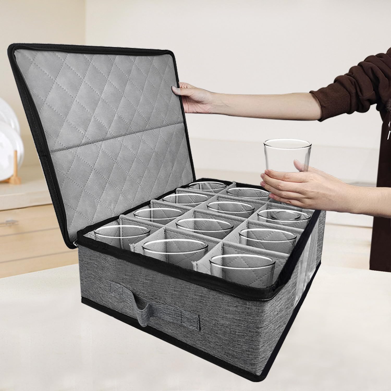 China Storage Containers, Mug Storage, Holds 12 Coffee and Tea Cups, with Zippered Lid and Handle, Sturdy Top Side Bottom Support and Padded Dividers, Coffee Mug Storage with Clear Window