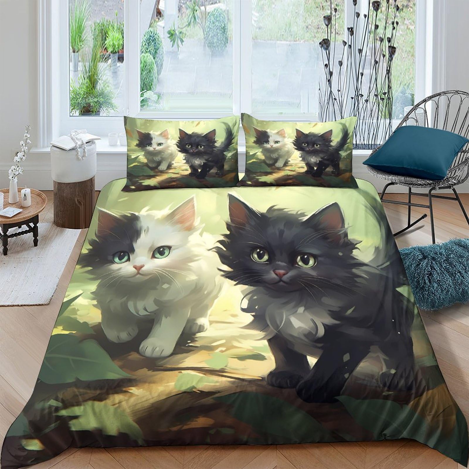 Ctjqhvkz Style-3 3D Printed Black White Cat Fitted Sheet Microfiber Anti-Slip Soft Bed Cover For Bedroom Guestroom Dorm Decor Single（135X200cm）