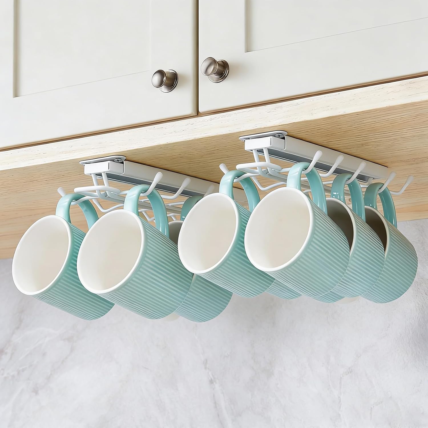 LiaMeE Sliding Mug Hooks Under Cabinet - Pull Out Coffee Cup Holder Rack with 12 Hooks, Metal Under Shelf Mug Organizer for Kitchen, Space Saving Hanging Storage (White，2PCS)