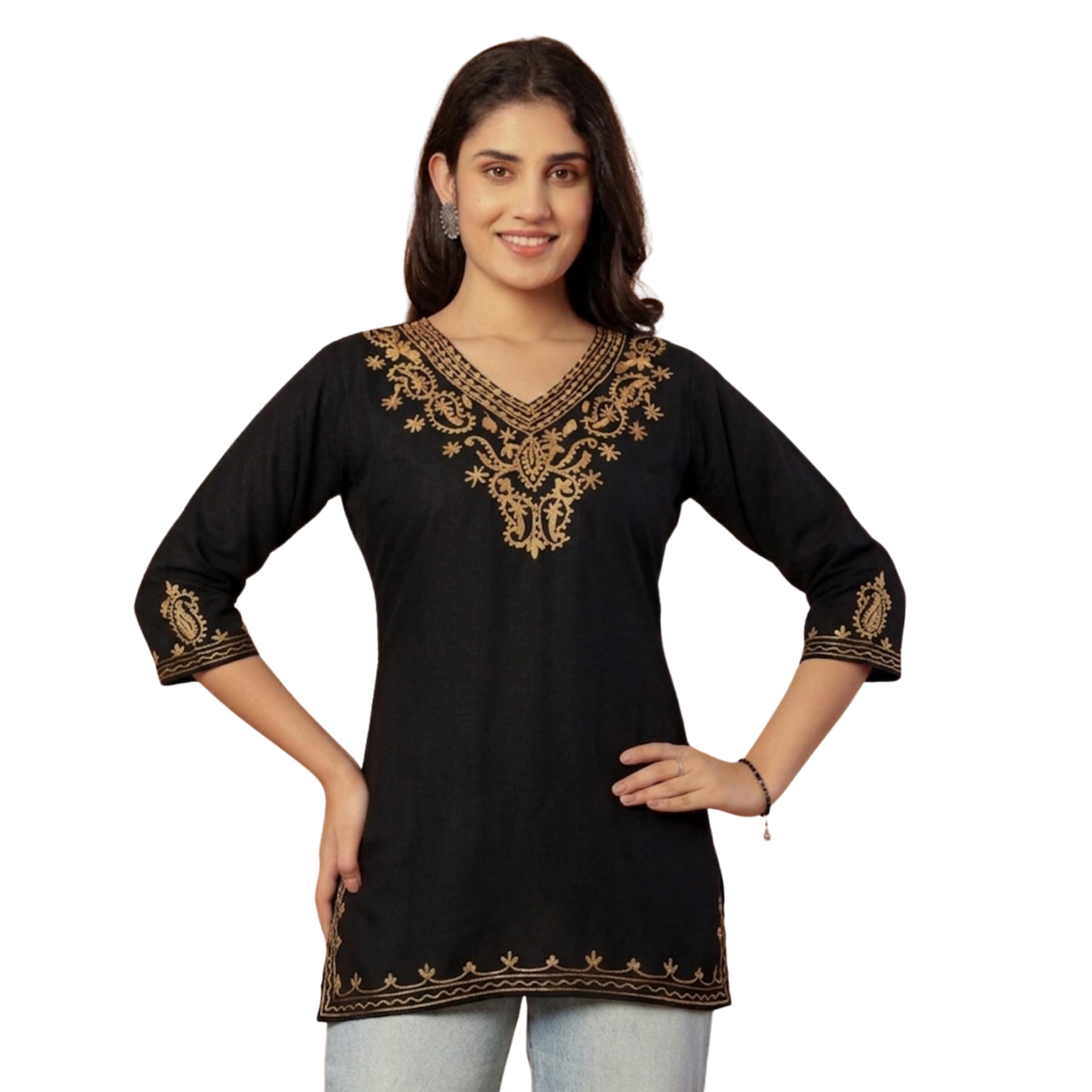 indesi Rayon Kashmiri Embroidered Short Kurti for Women | V-Neck Tunic Top with 3/4 Sleeves | Floral Design Indo-Western Kurti for Jeans & Leggings-picture-16