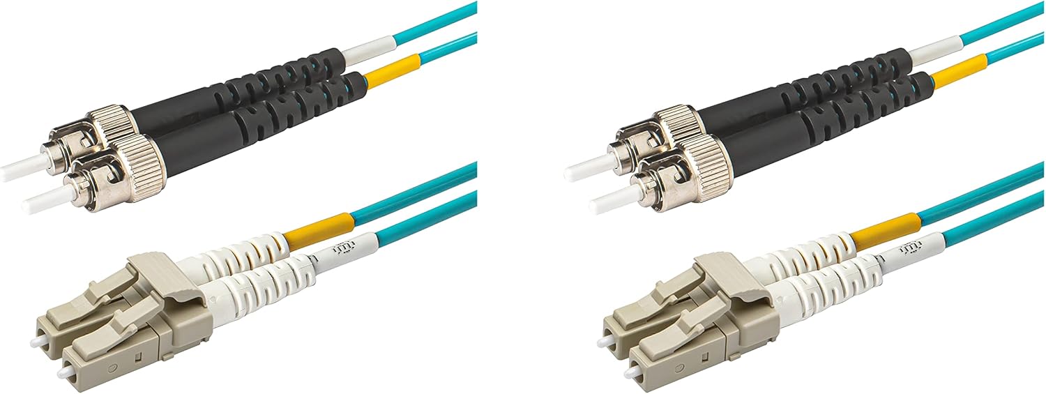 SpeedyFiberTX - 12-Pack 1 Meter Multimode OM3 Duplex ST to LC Fiber Patch Cable, Corning OM3 ClearCurve 50/125 Optical Fiber, Aqua Riser OFNR Cable Jacket