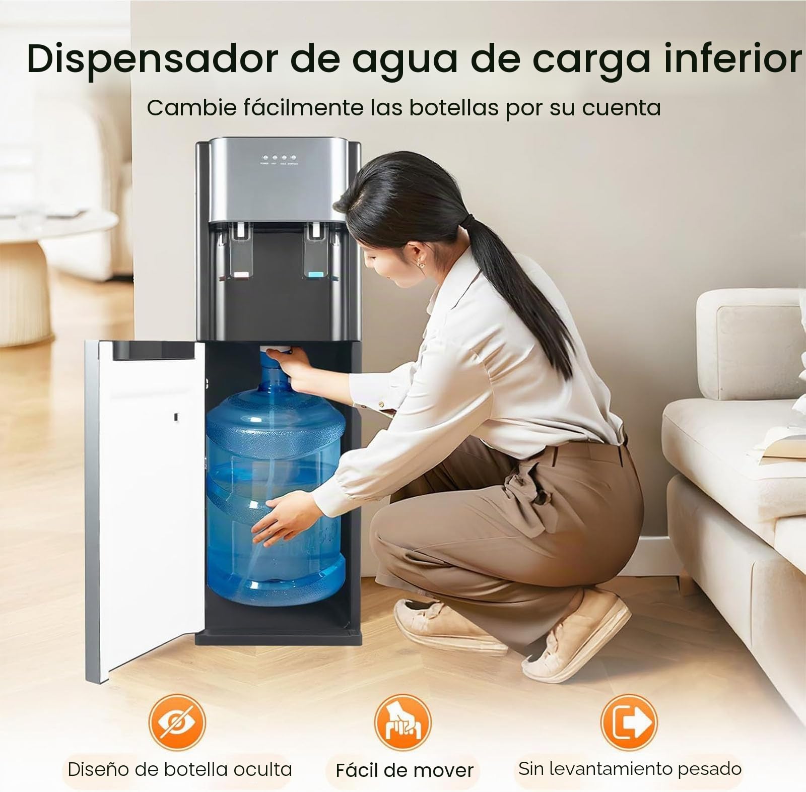 Dispensador de Agua de Carga Inferior con Agua Caliente y fría - Enfriador eléctrico de Acero Inoxidable 304 con un Solo Toque para,Dark Gray,33cm*30cm*90cm