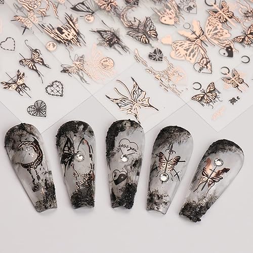 Miniatura 2 de 9 hojas de calcomanías de mariposa para arte de uñas, diseño de mariposas doradas, plateadas, champán, negras, calcomanías de transferencia de uñas,
