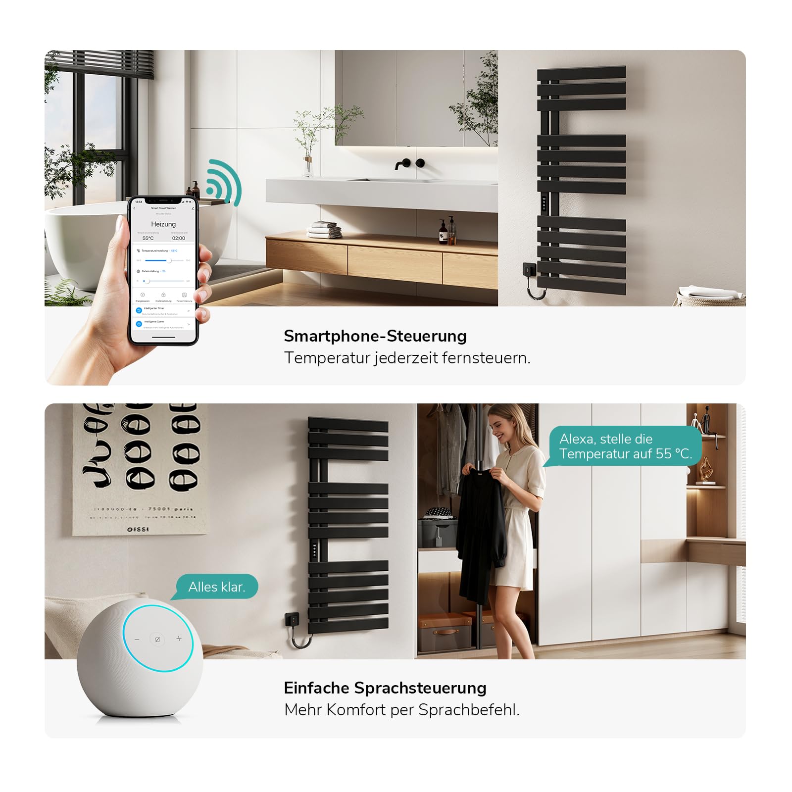 EMKE Elektrischer Handtuchheizkörper 1300x500 mm, Intelligenter Handtuchwärmer mit WiFi-App-Steuerung, Timer & Thermostat, Badheizkörper zur Wandmontage, 440 Watt, IP45, Schwarz