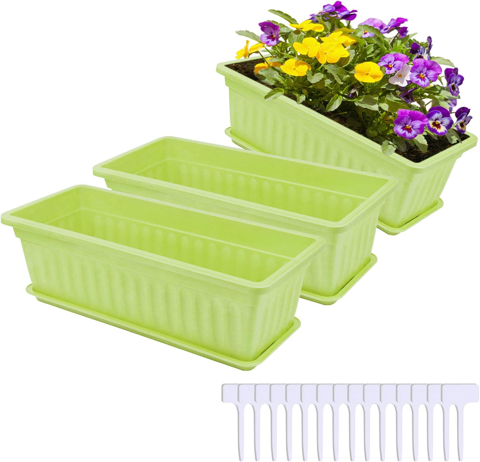 Hopestar 3 Packs 17 inches Window Boxes Planters Plastic Flower Box Vegetable Planter for Windowsill, Patio, Garden, with 15 Pcs Plant Labels