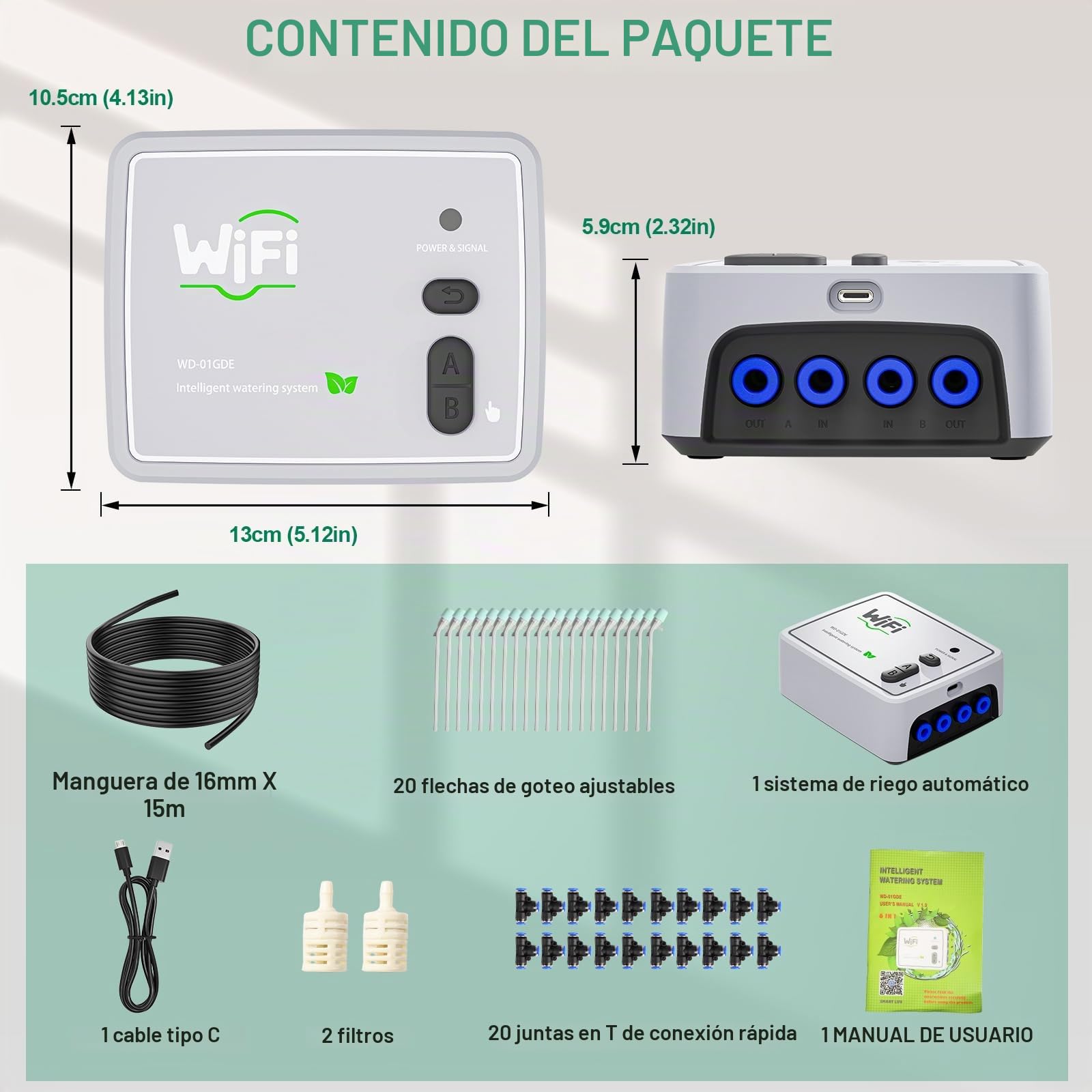 Sistema de Riego Automático de Doble Canal WiFi, para 20 Plantas en Maceta | Control Remoto vía Aplicación, kit de Riego por Goteo, Dispositivos de Riego, para Plantas de Balcón, Terraza o de Interior