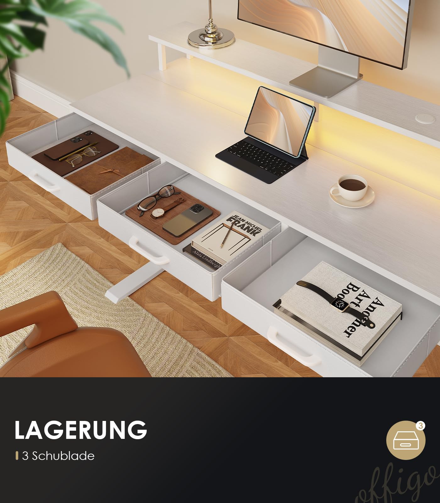 OffiGo Höhenverstellbarer Schreibtisch mit Monitorständer, 120cm Elektrischer Schreibtisch mit Schubladen, Standing Desk mit Steckdosen und Lichtleiste, Tisch Höhenverstellbar Bürotisch, Weiß