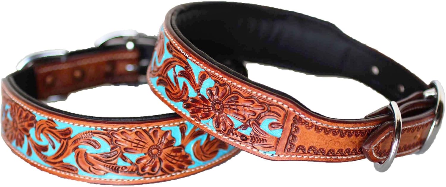 Medium 17''- 21'' Dog Puppy Collar Hand Tooled and Painted Cow Leather Western 6047
