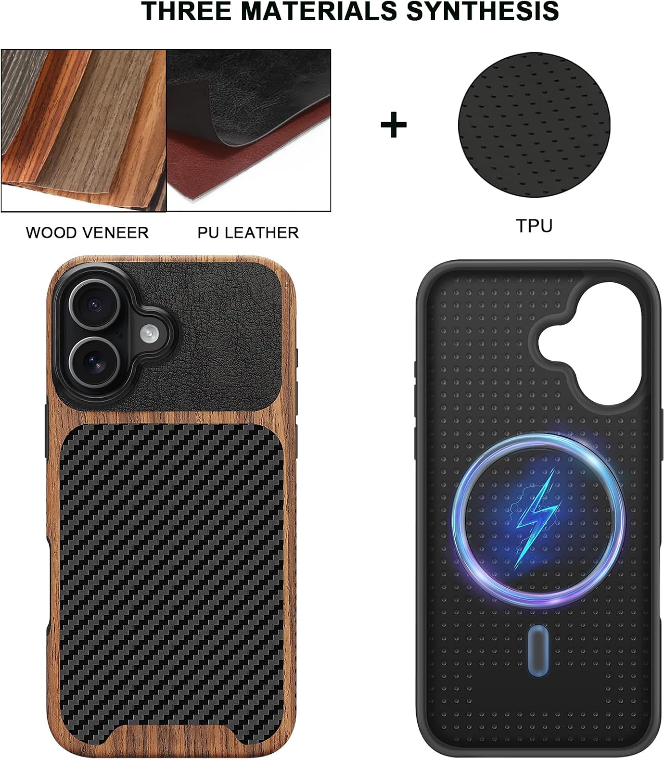 TENDLIN Magnetic Case Compatible with iPhone 17 Case Wood Grain with Carbon Fiber Texture Design Leather Hybrid Slim Cover (Compatible with MagSafe) Black - Image 2