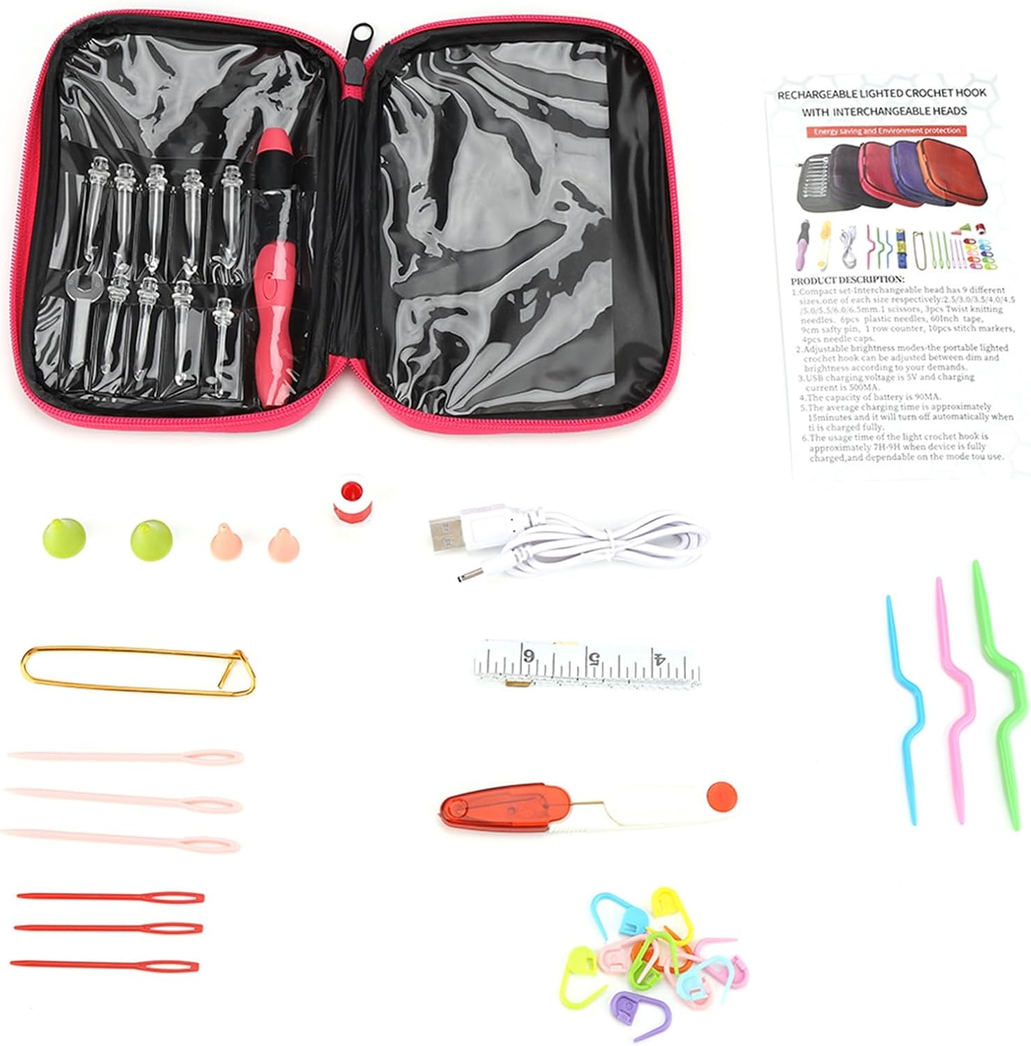 40Pcs USB Rechargeable LED Crochet Hooks Set with Knitting Needles, Interchangeable Tips and Accessories for Knitting and Crocheting Projects