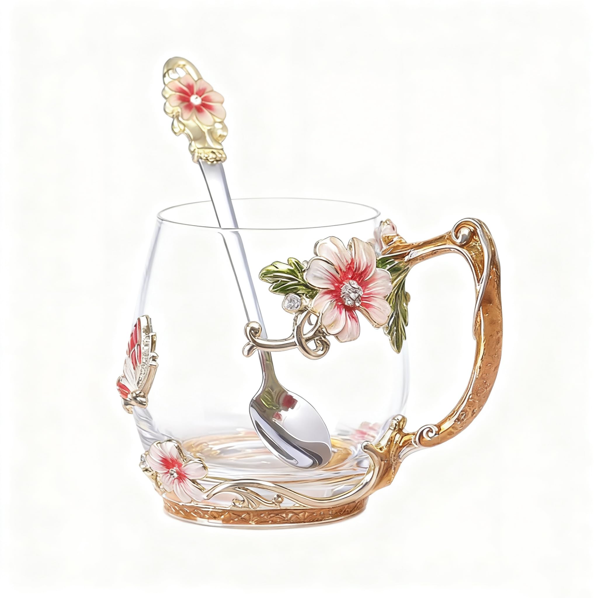 Flower Glass Coffee Tea Cup With Spoon Set Ideal Gifts For Mom Women Christmas Stocking Stuffers Valentine's Day Birthday Gifts For Her Girlfriend Wife Nice Present From Daughter Son(Short Red)