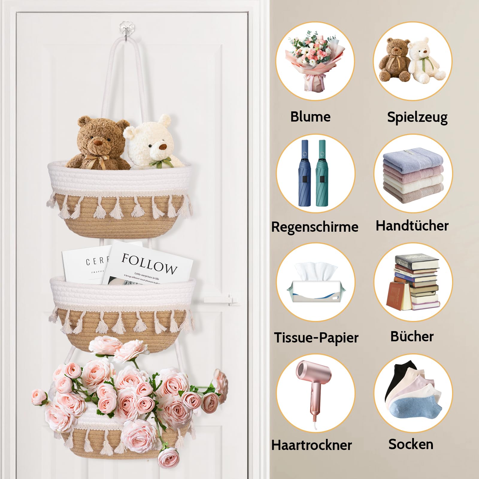3 Tier Braided Storage Basket for Wall Mounting Living Room Bedroom Bathroom Storage Basket for Hanging Clothes Storage Basket for Indoor Plants Decorative Basket - Image 3