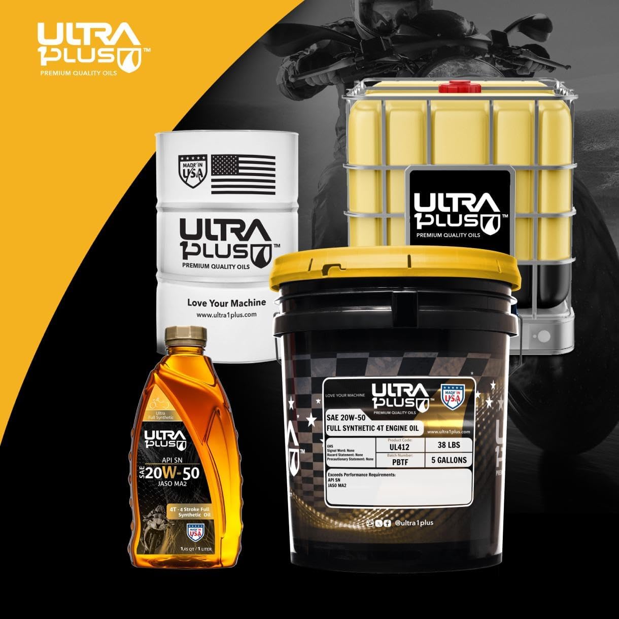 Ultra1Plus 4T 20W-50 Full Synthetic Motorcycle Oil API SN JASO MA2-20W50 Motor Oil 5 Gallon Pail
