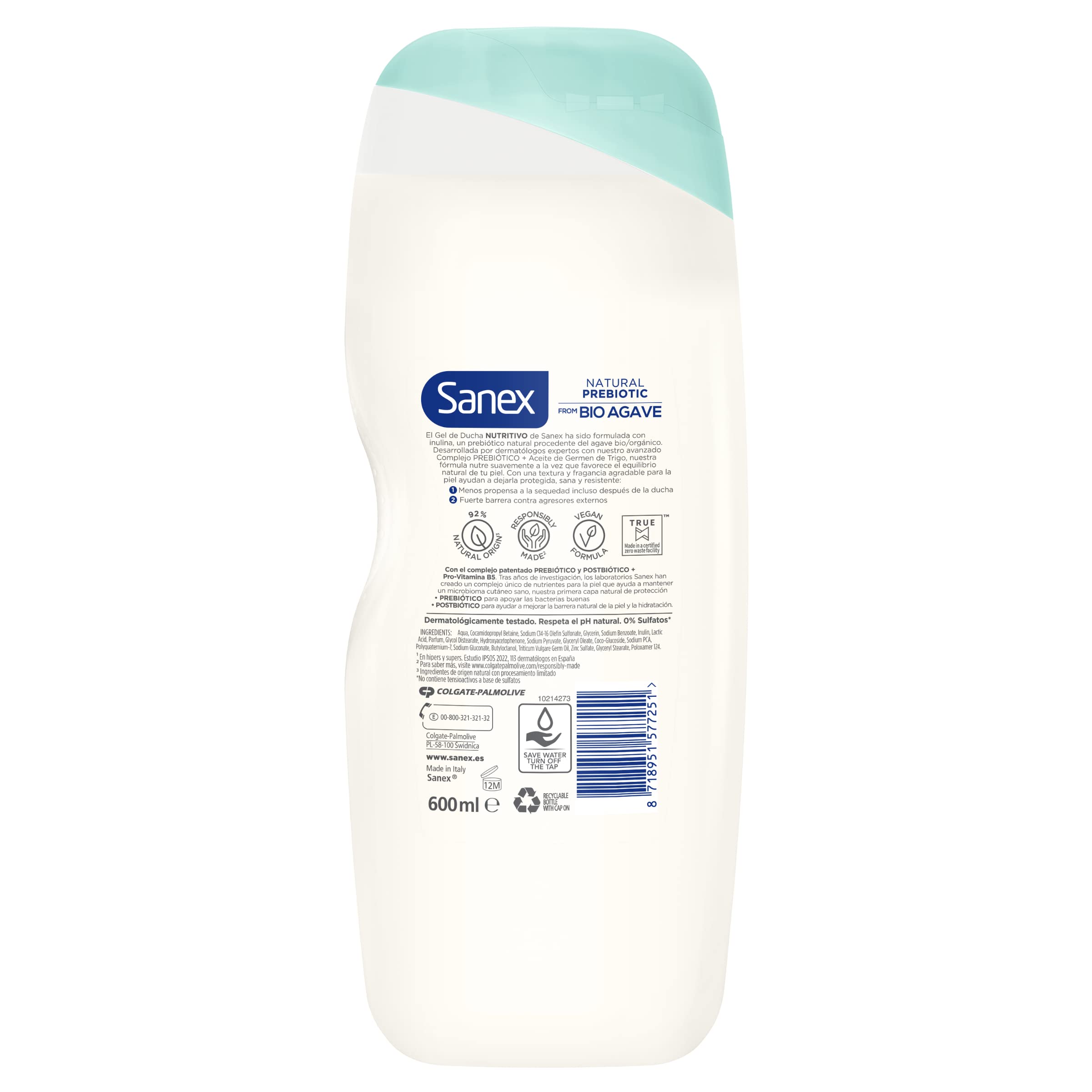 Sanex Natural Prebiotic BIO Agave Nourishing Body Wash, 12 x 600 ml,  Moisturizing Bath Gel with Organic Agave Natural Prebiotic, Nourishes Skin,  12H Hydration, 92% Natural Origin : Amazon.com.be: Health & Personal Care