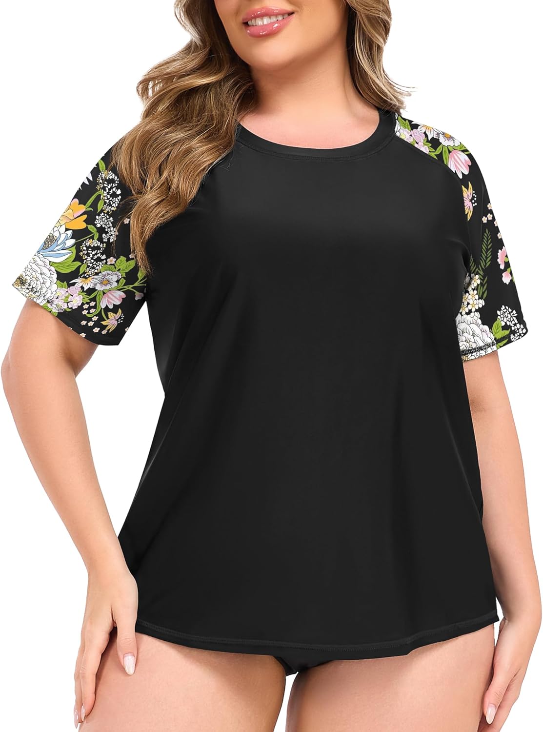 COOTRY Women's Plus Size Rash Guard with Built in Bra Short Sleeve Swimsuit Top Swim Shirt UPF50+