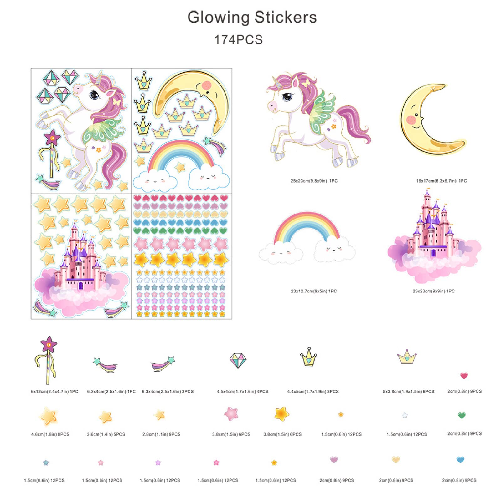Vinilos de Pared Decorativos Unicornio Moon Rainbow Pegatinas pared Decorativas Stickers Estrellas Fluorescentes para Techo Vinilo Pared DIY Dormitorio Sala de estar Niños niñas Infantil