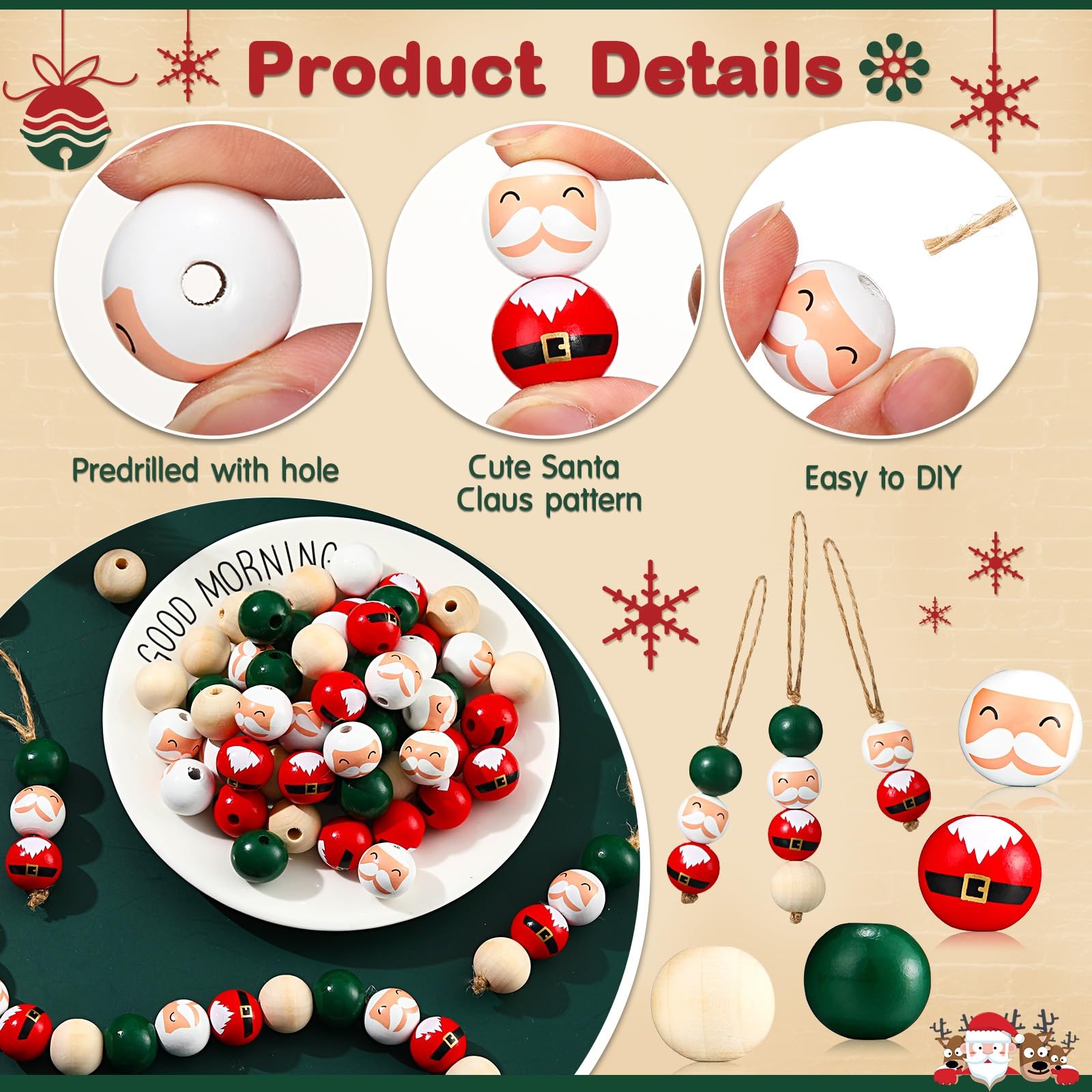 125 Stück Weihnachtsholzperlen Set – Grün, Rot, Weiß, Ca. 15–16,5 Mm, Für DIY Schmuck & Deko