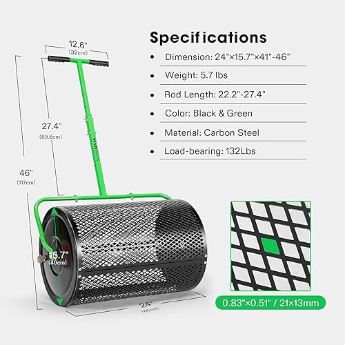 Miniatura 7 de VIVOGROW Esparcidor de compost de 24 pulgadas, esparcidor de turba y musgo con mango ajustable en forma de T, cierres laterales mejorados, rodillo
