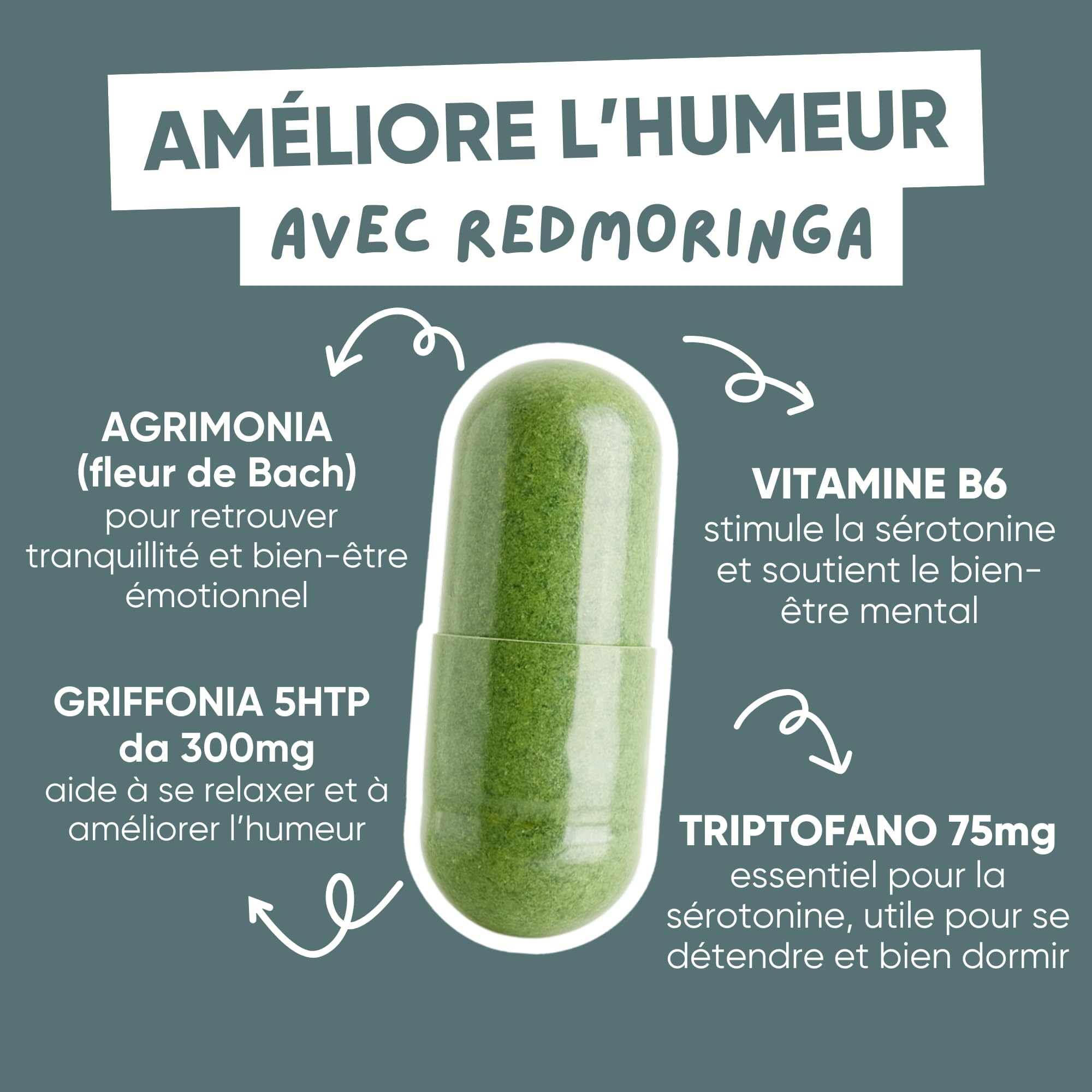 Griffonia 300mg 5-HTP Tryptophane | Avec Agrimony fleur de bach stress anxiété, Vit B6, Moringa BIO | Unique en France | Complément stress anxiété angoisse, BienÊtre Mental | RedMoringa 180 Gélules