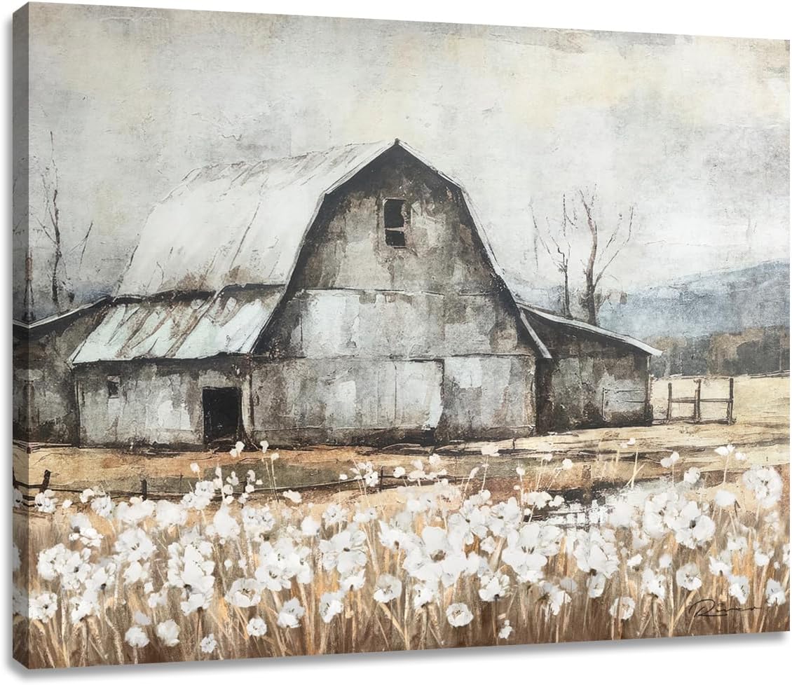 Woxfcart Rustic Barn Canvas Wall Art, Gray Farmhouse Decor with White Flower Field, Vintage Pastoral Scene Prints, 32 x 24