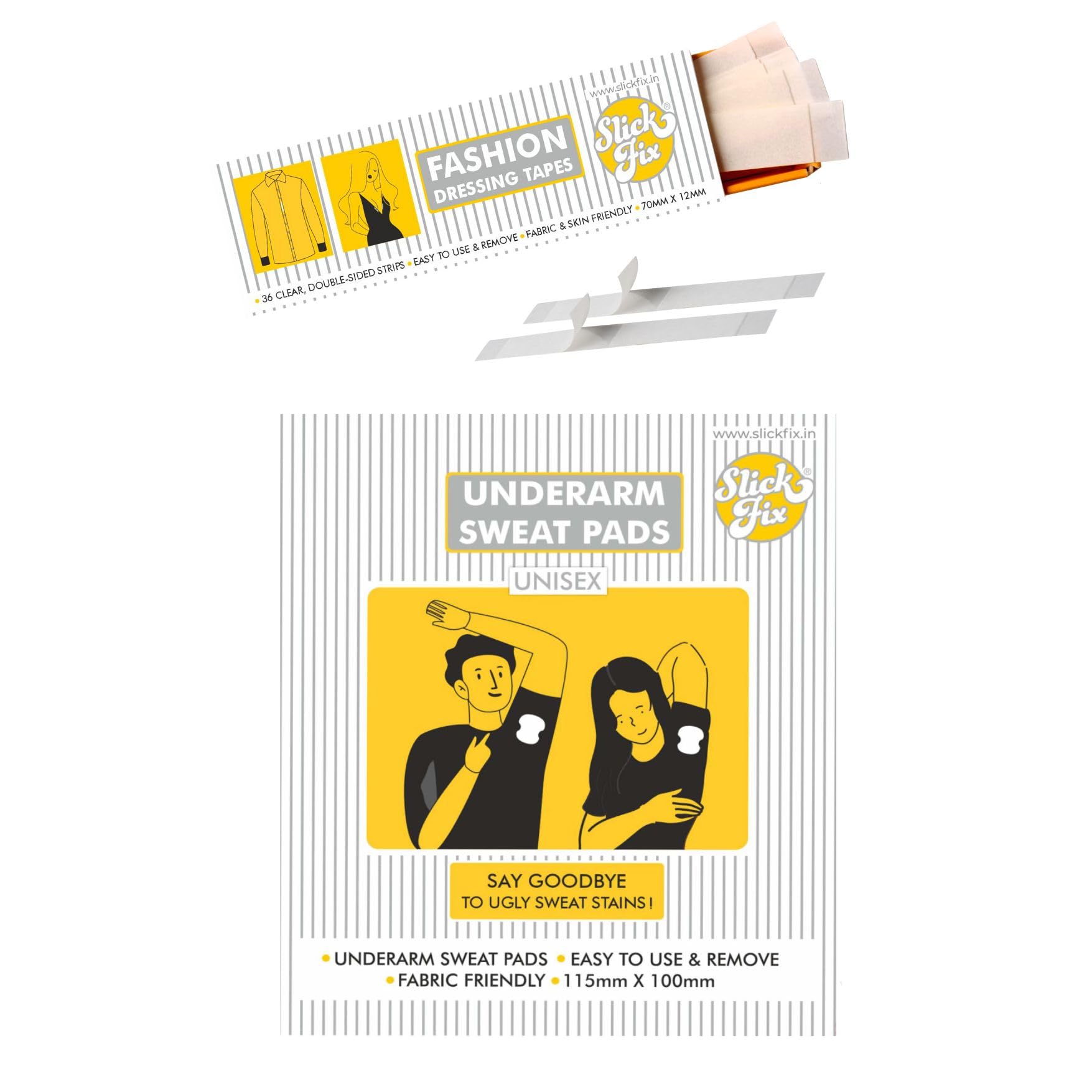 SLICKFIX Wardrobe Rescue Combo | Fashion Dressing Double-sided Body Tape (36 pcs) & Underarm Sweat Pads (Pack of 14) | Dress Shields | Invisible Double sided body tape | Sweat pads for Women and Men