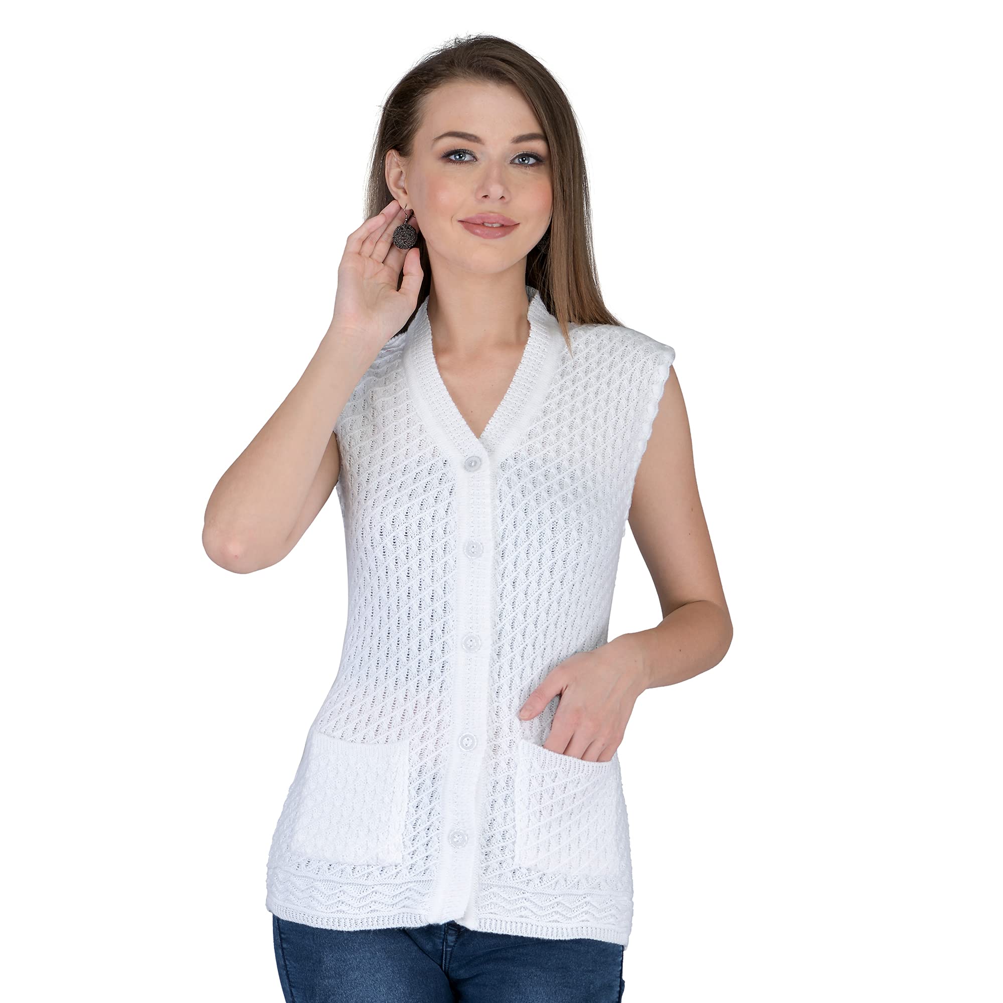 Women Woolen V-Neck Cardigan Sleeveless Self Design Cardigan Daffodil Fabric Winter Wear Pure Wool Cardigan 100% Daffodil Free Size Cotty Fully Warm with Front Pockets