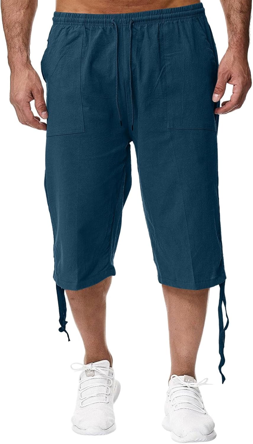 Ymosrh Mens Casual Cotton Linen Shorts Breathable Below Knee Length Summer Beach Vacation Shorts M-3XL