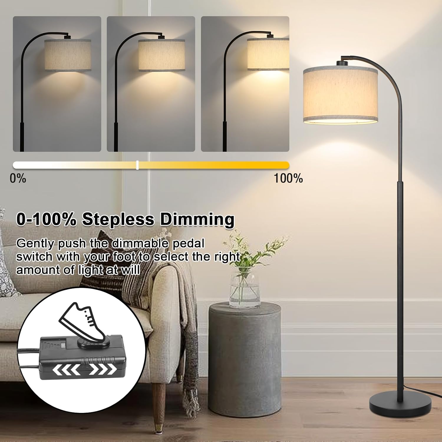 boncoo modern floor lamp for living room, arc floor lamp with adjustable hanging shade, black light with pedal switch for bedroom study room, 9w 3000k led bulb included