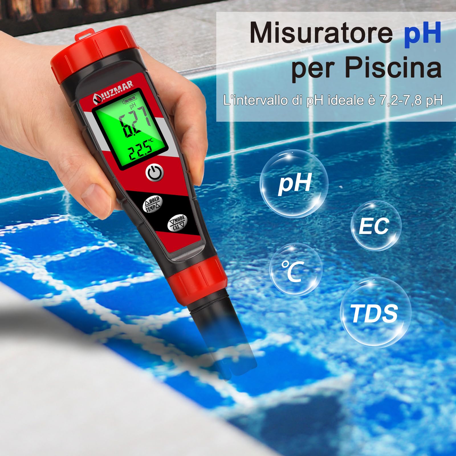 Misuratore 5in1 Per Piscina - Tester PH, Sale, TDS, EC E Temperatura Per Acqua Salata E Dolce - Foto 3